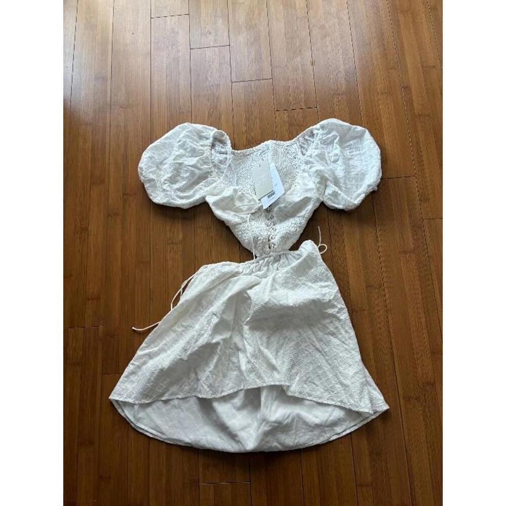 Sabo Skirt Luxe - Haven Lace Up Dress - White Puff Sleeve Babydoll - NWT 6 Med